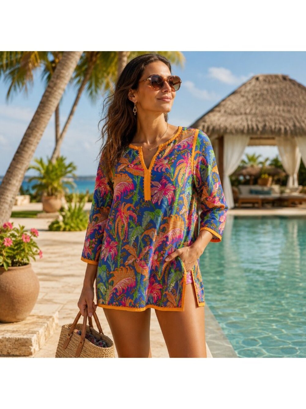 Gretchen Scott Resortwear Split Neck Tropical Pullover Tunic 3/4 Sleeve Sz L - Picture 2 of 13